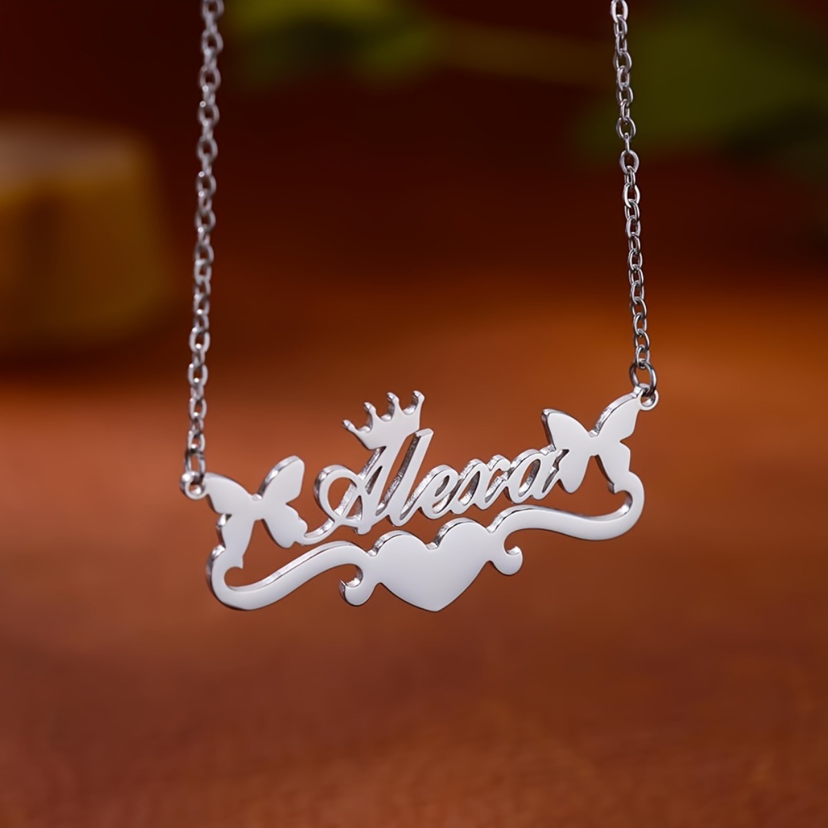 Custom Butterfly Crown Heart Name Pendant Necklace — Personalized Gift